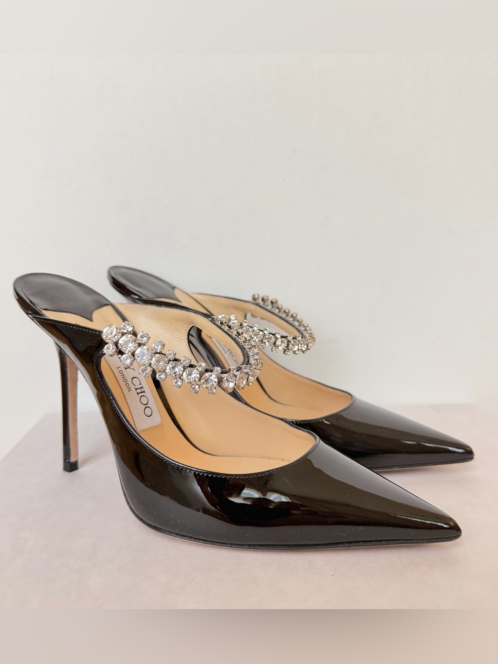 Jimmy Choo Bing 100 Black Patent Leather Crystal Mule Pump Heeled Sandals 38 - Picture 6 of 10